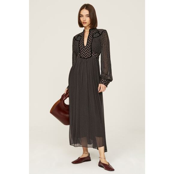 SEA Alani Black Floral Print Chiffon Long Sleeve V-Neck Maxi Dress Size Medium - Picture 1 of 16